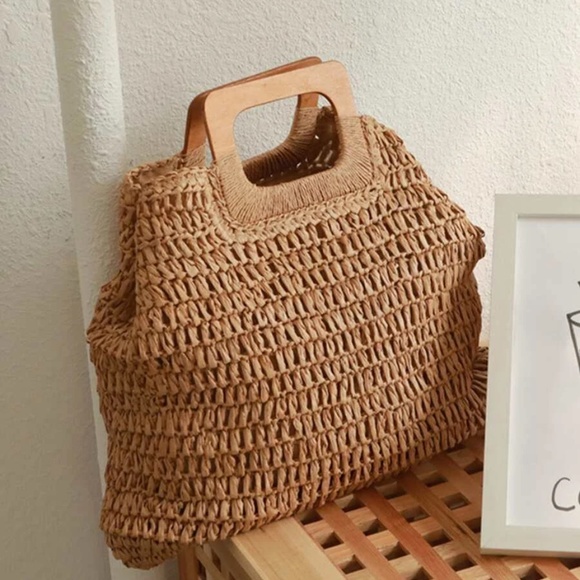 Boho Straw Large Tote top Handle Bag - Picture 6 of 6